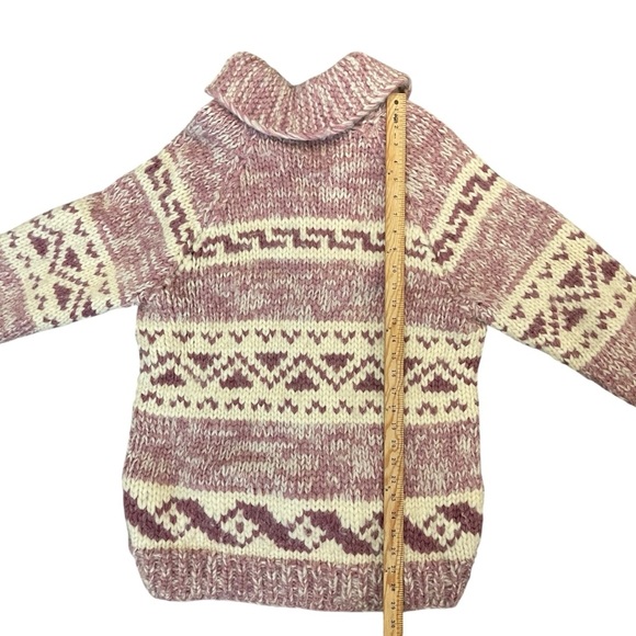 Vintage Cowichan Burgundy Cream Cowl Neck 1/4 Zip Handmade Sweater Kangaroo Pckt - Picture 7 of 12